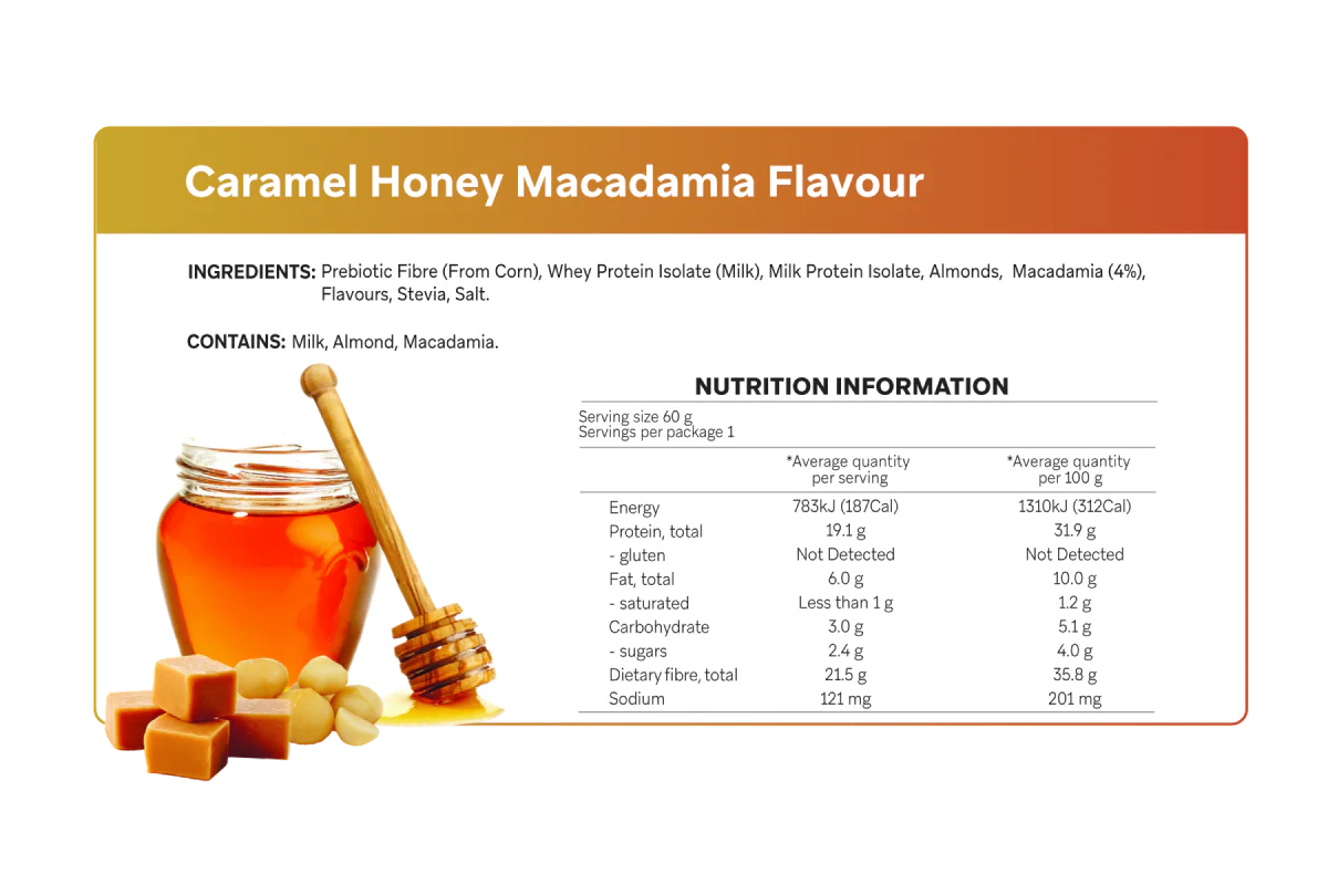 Nutrition label for caramel honey macadamia flavour product with honey jar and macadamias.
