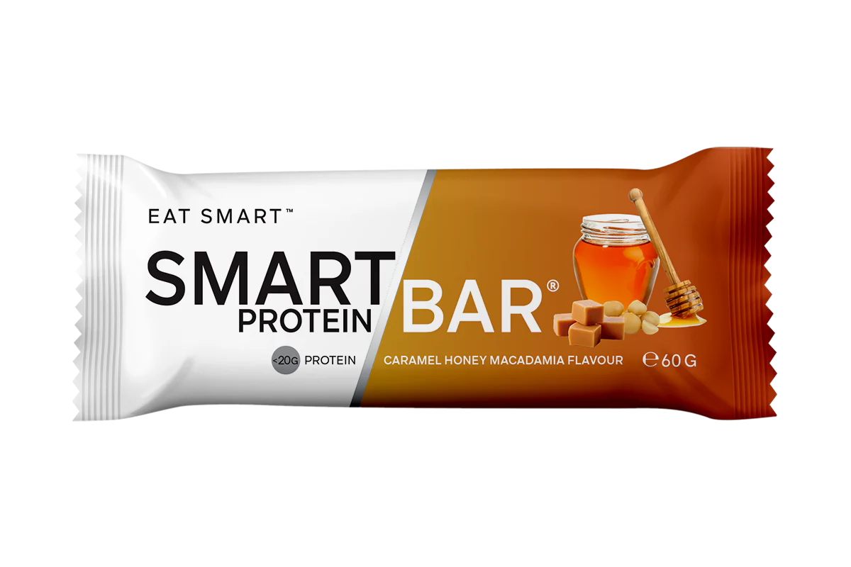 Smart Protein Bar packaging with caramel honey macadamia flavor on a white background