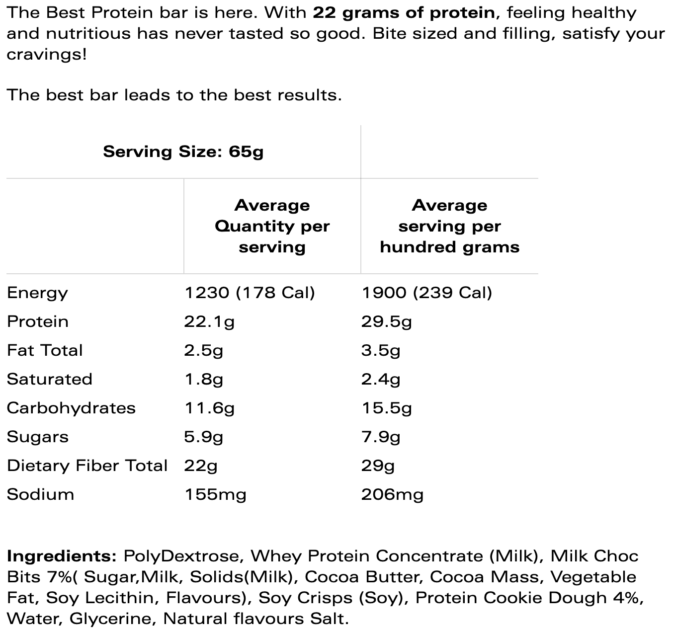 EQ Best Protein Bar Choc Chip Cookie Dough Nutritional Information
