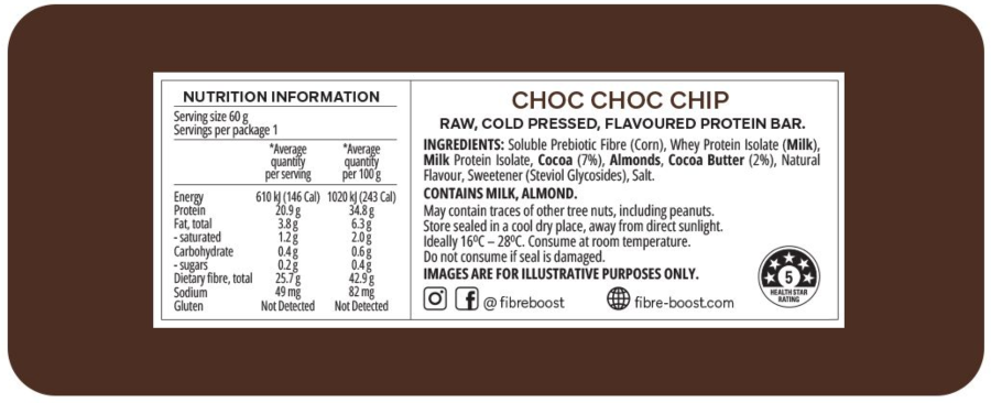 Fibre Boost Choc Choc Chip Protein Bar Nutritional Information