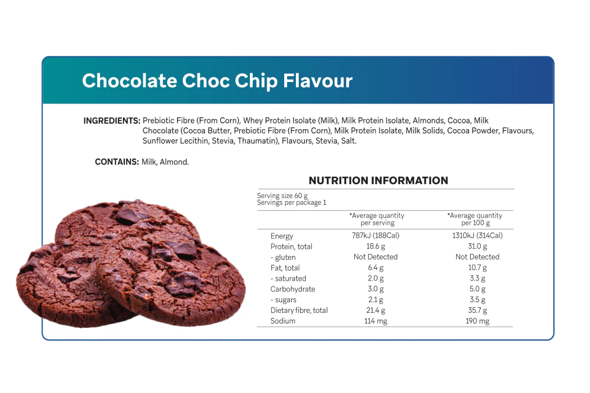Chocolate chip cookie package with ingredients and nutrition information on a white background