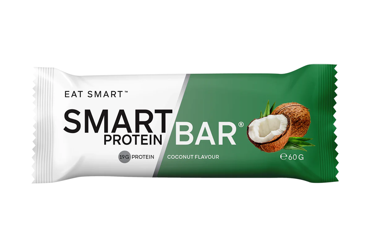 Smart Protein Bar packaging with coconut illustration on a white background