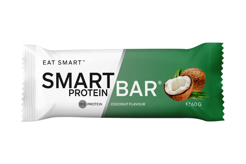 Smart Protein Bar packaging with coconut illustration on a white background