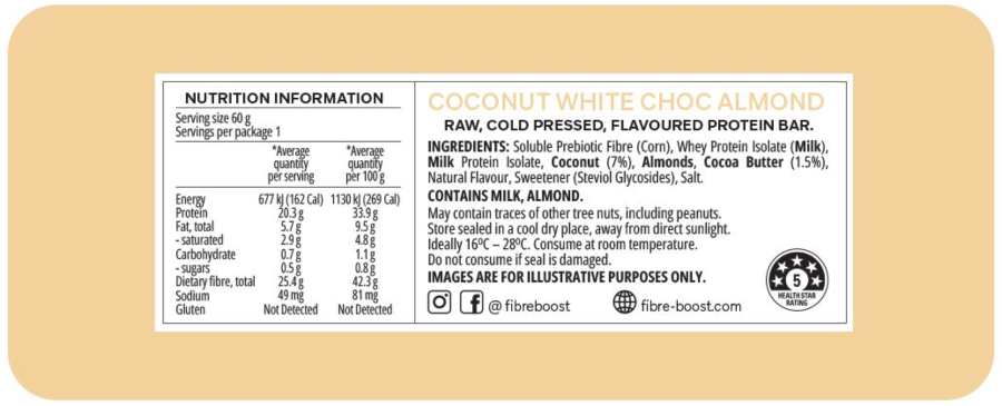 Fibre Boost Coconut White Choc Almond Protein Bar  Nutritional Information
