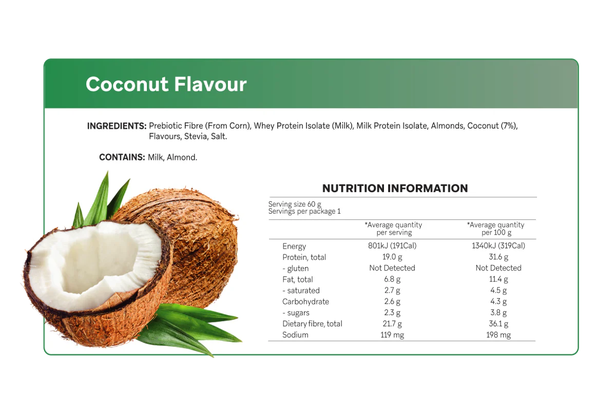 Nutritional label for coconut-flavored product with coconuts and leaves on a green background