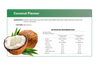 Nutritional label for coconut-flavored product with coconuts and leaves on a green background