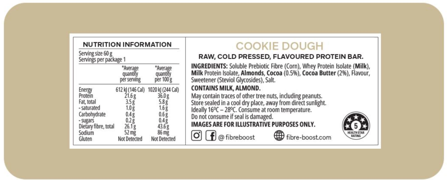 Fibre Boost Cookie Dough Protein Bar Nutritional Information
