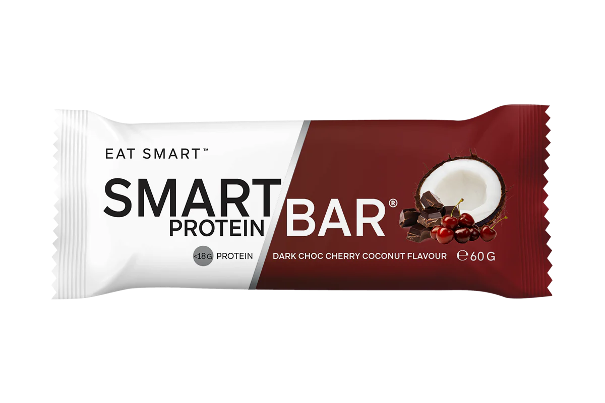 Smart Protein Bar packaging with dark chocolate cherry coconut flavor on a white background