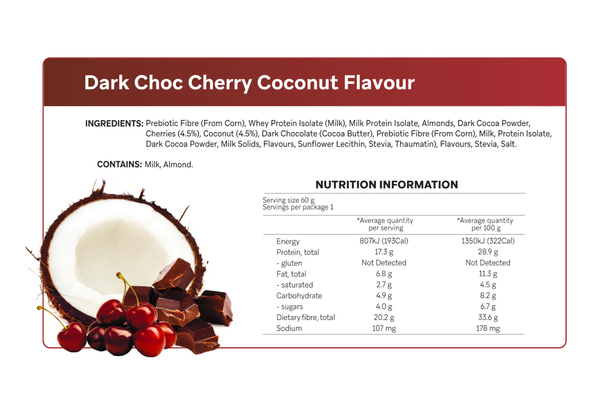 Nutrition label for dark choc cherry coconut flavour product with ingredients and serving size information.