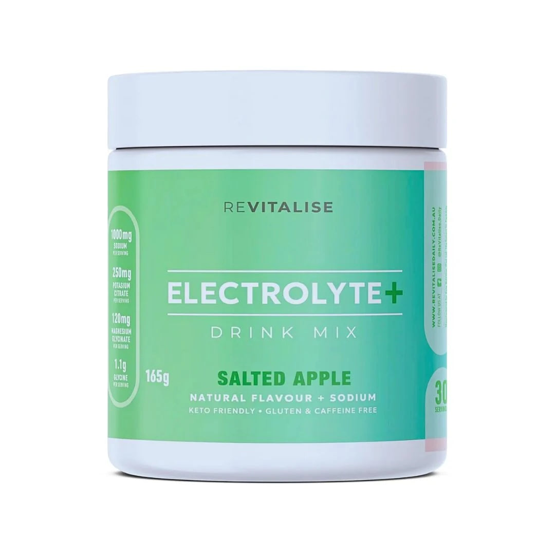 Revitalise Electrolyte+ Drink Mix container with salted apple flavor on a white background