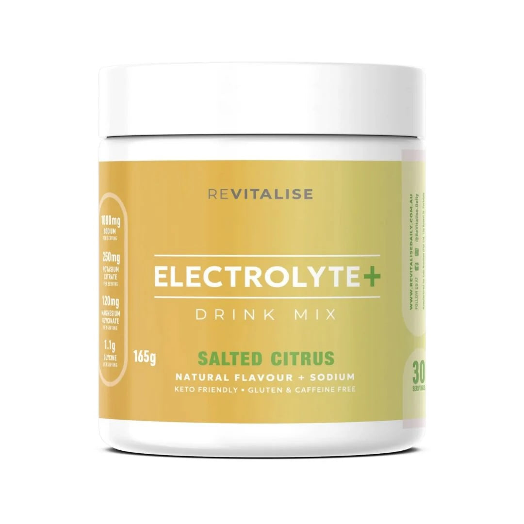 Revitalise Electrolyte+ Drink Mix container with salted citrus flavor on a white background