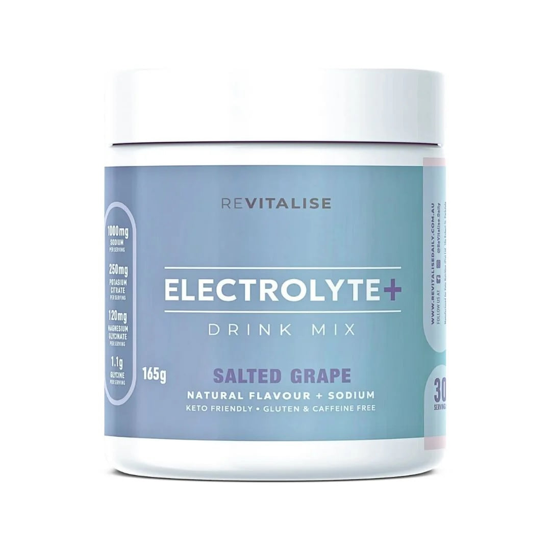 Revitalise Electrolyte+ Drink Mix container with blue label on a white background