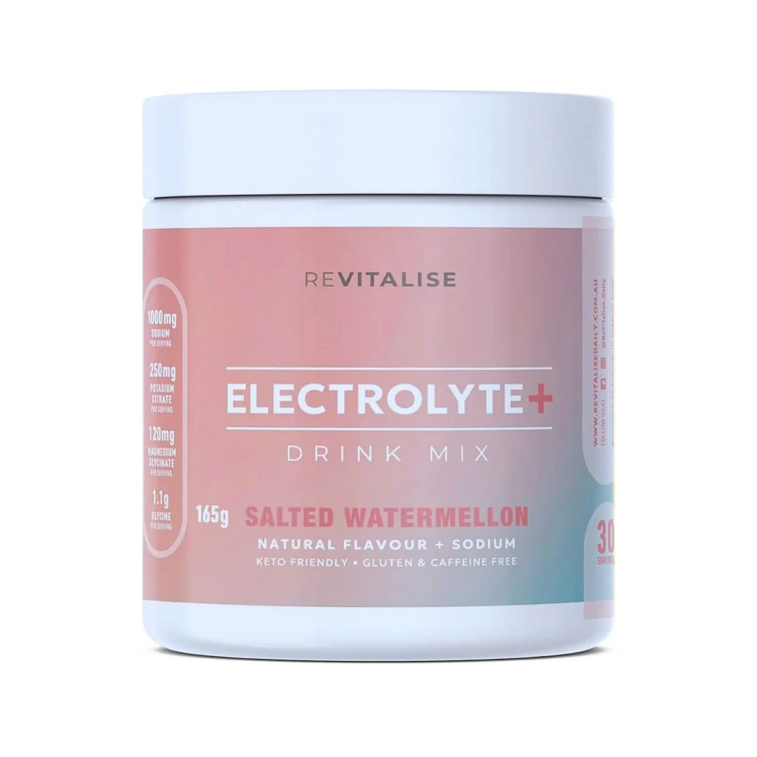 Revitalise Electrolyte+ Drink Mix container with salted watermelon flavor on a white background