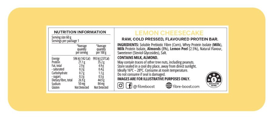 Fibre Boost Lemon Cheesecake Protein Bar Nutritional Information