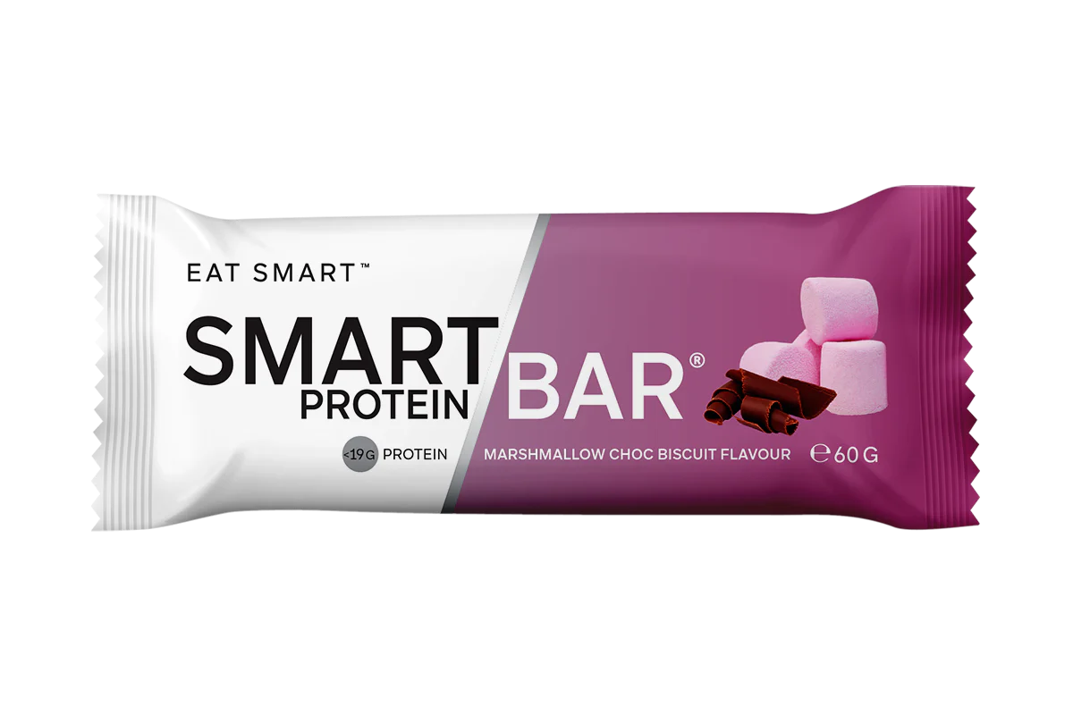 Smart Protein Bar packaging with marshmallow, chocolate, and biscuit imagery on a white background