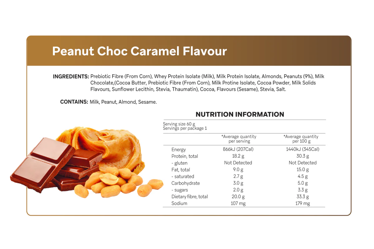 Nutrition label for Peanut Choc Caramel Flavour product with ingredients and nutritional information.