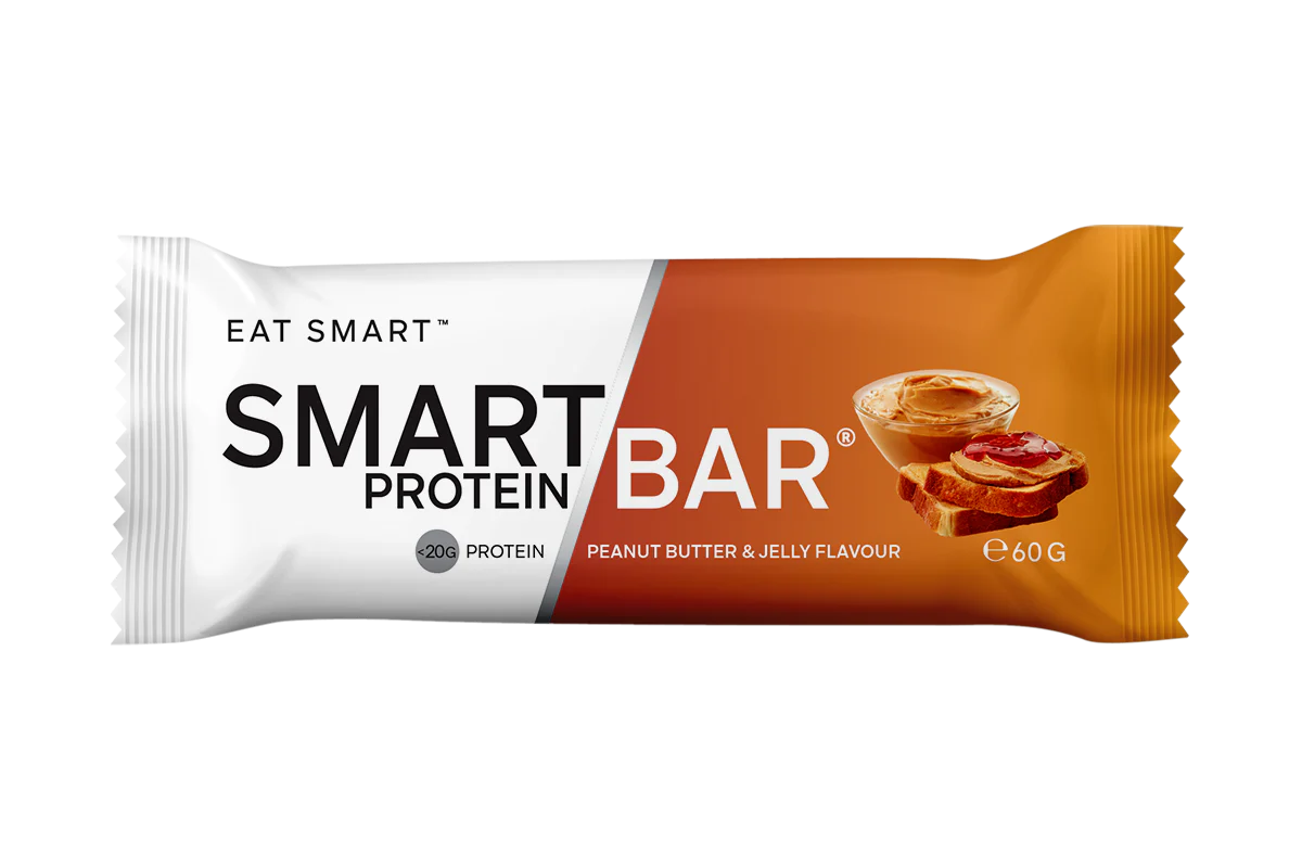 Smart Protein Bar packaging with peanut butter and jelly flavor on a white background