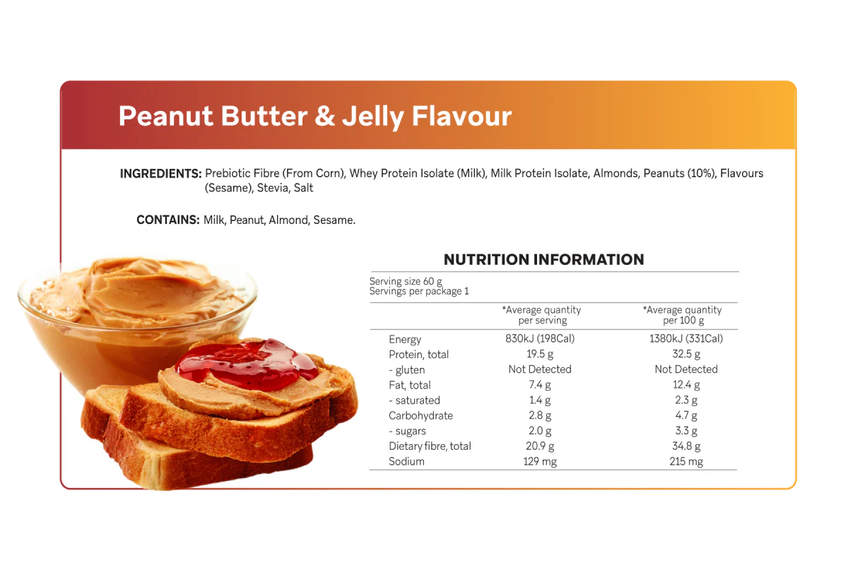 Nutrition label for peanut butter and jelly flavour product with ingredients and nutritional information.