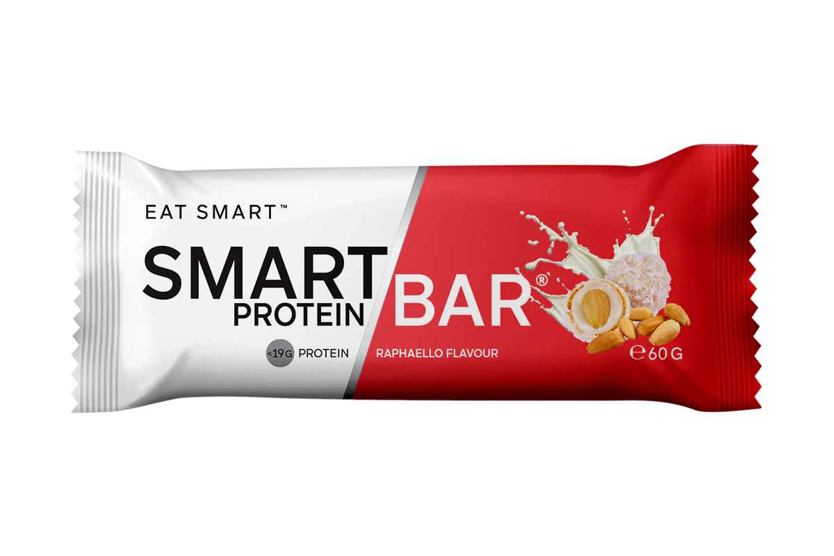 Smart Protein Bar packaging with red and white design on a white background