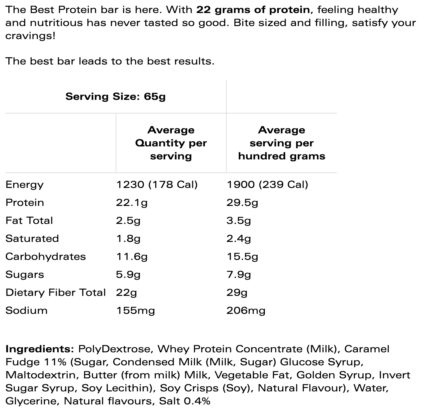 EQ Best Protein Bar Salted Caramel Fudge Nutritional Information