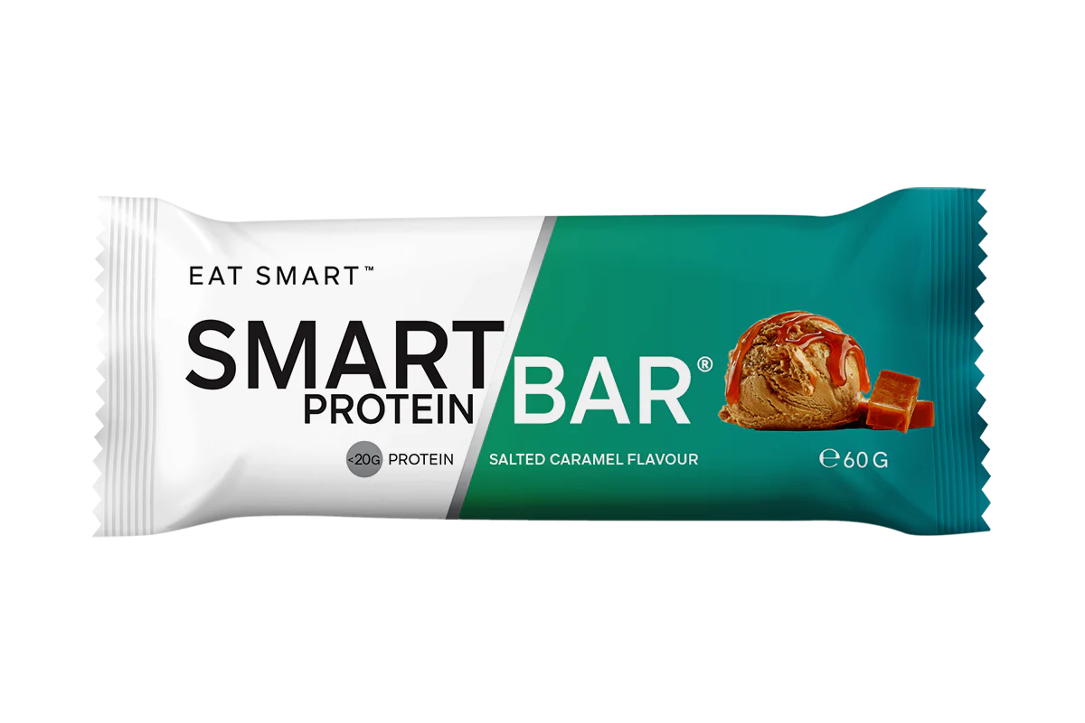 Smart Protein Bar packaging with salted caramel flavor on a white background
