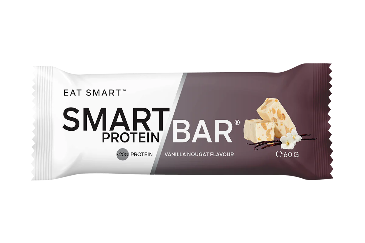 Smart Protein Bar packaging with vanilla nougat flavor on a white background