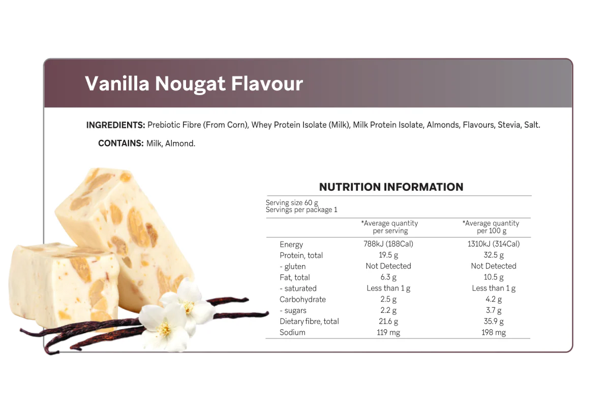 Nutrition label for vanilla nougat flavor product with vanilla beans and nougat pieces.