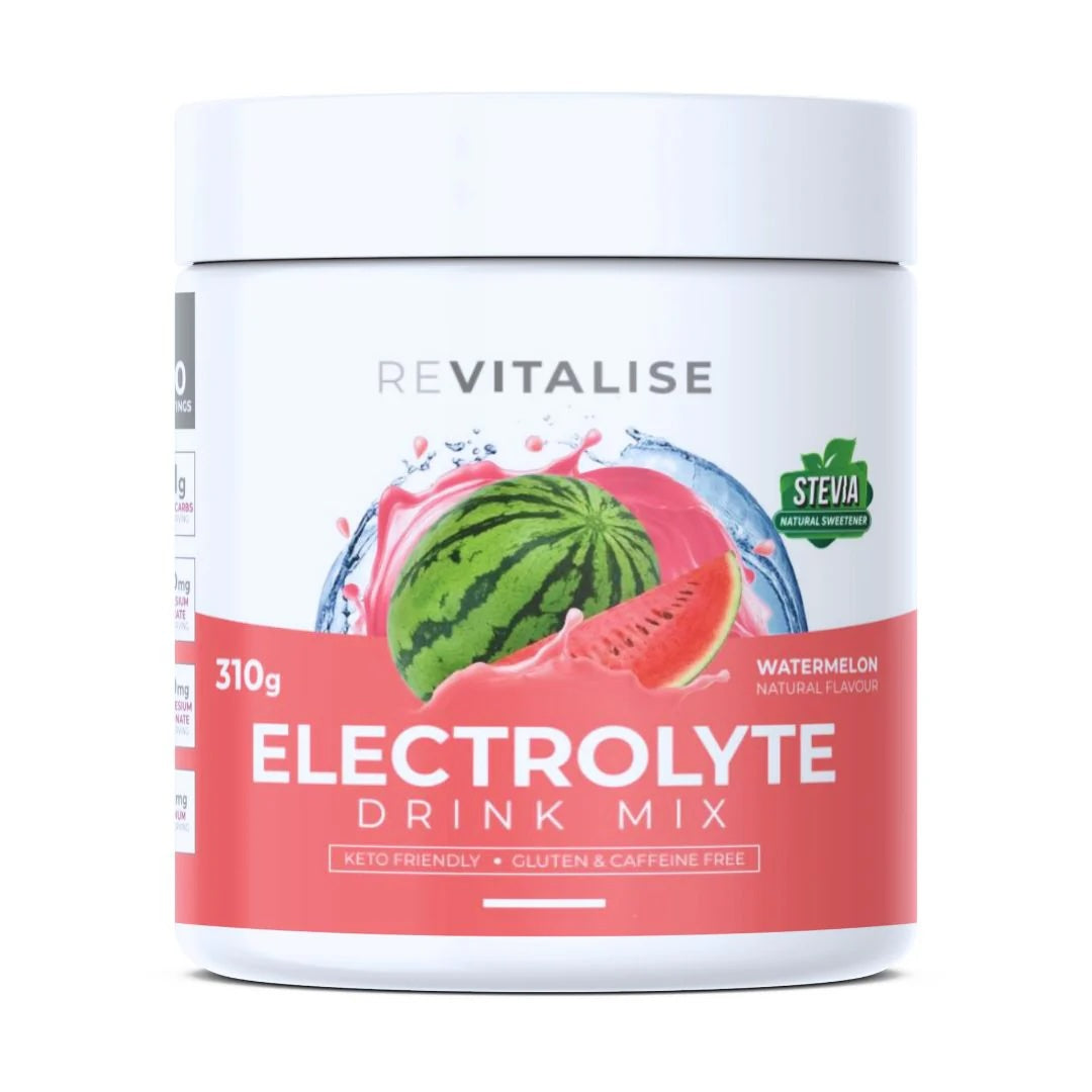 Revitalise Electrolyte Drink Mix container with watermelon flavor on a white background